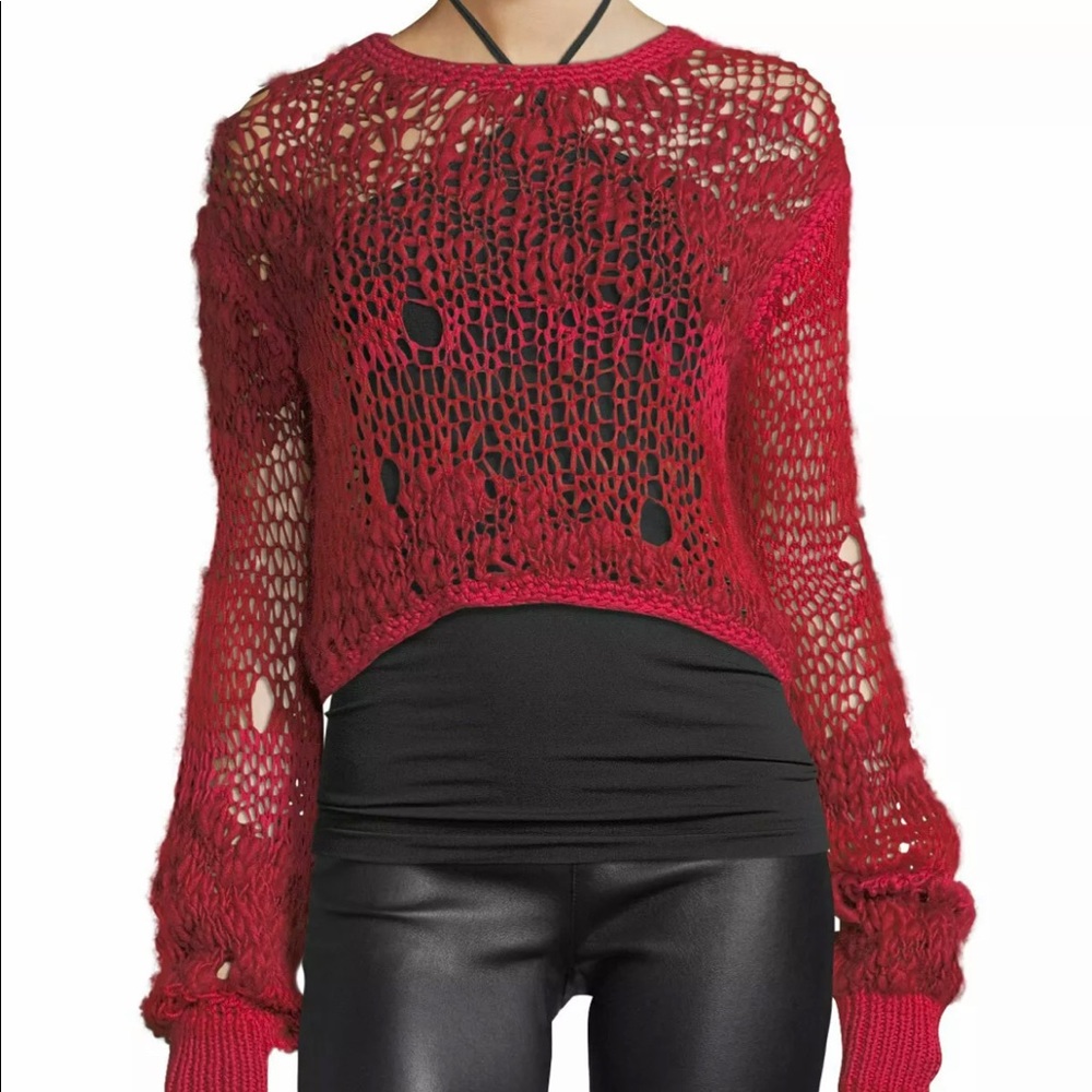 Helmut Lang Open Knit Crop Sweater Top Red Small